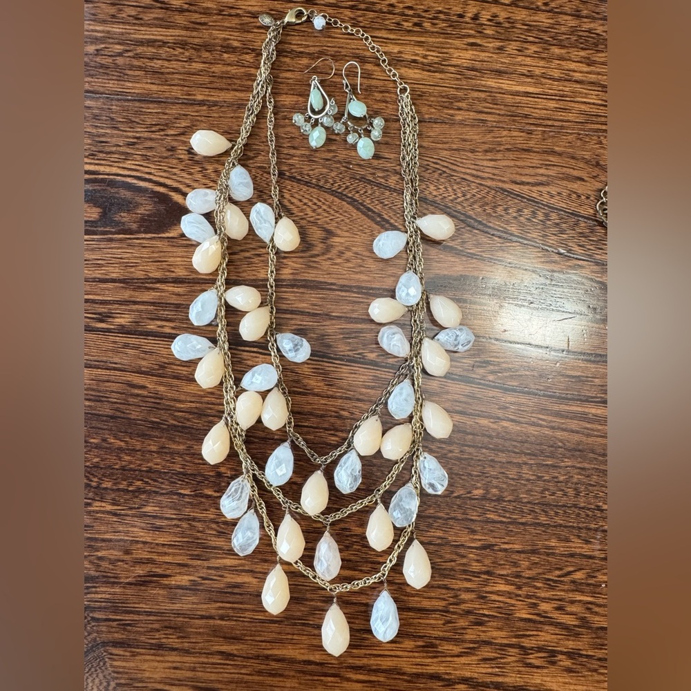 Anthropologie Blush Crystal Multistrand Necklace and earrings